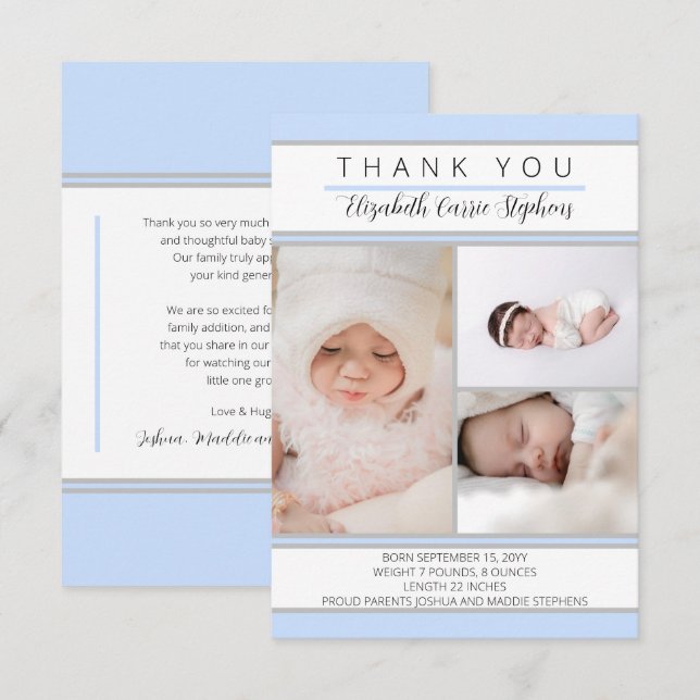 Tarjeta De Agradecimiento 3 Baby Shower azul |Anuncio de nacimiento (Anverso / Reverso)