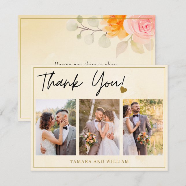 Tarjeta De Agradecimiento 3 Collage de fotos Boda floral acuarela dorada (Anverso / Reverso)