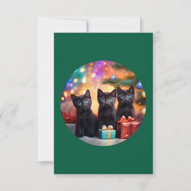 Tarjeta De Agradecimiento 3 escena de Navidades de gatitos negros de ojos az (Anverso)