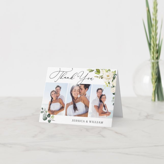 Tarjeta De Agradecimiento 3 FOTO Elegante Eucalipto Floral de rosas blancas (Anverso)