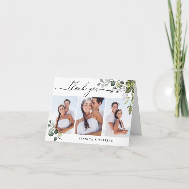 Tarjeta De Agradecimiento 3 FOTO Elegante Eucalyptus Greenery Boda (Anverso)