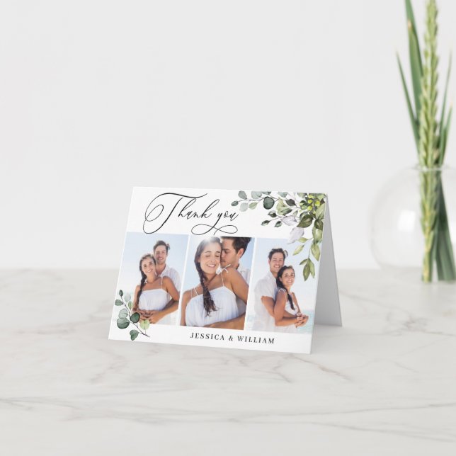 Tarjeta De Agradecimiento 3 FOTO Elegante Eucalyptus Greenery Boda (Anverso)