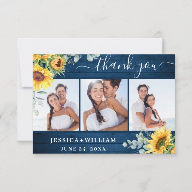 Tarjeta De Agradecimiento 3 FOTO Sunflowers Eucalyptus Blue Wood Rustic (Anverso)