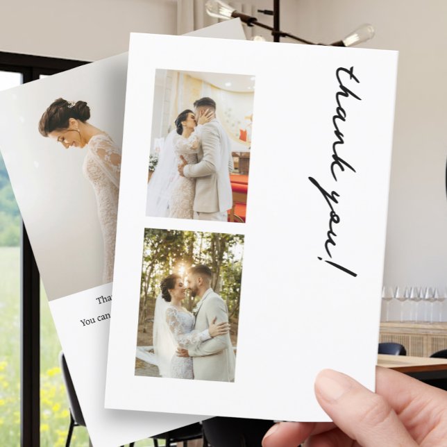 Tarjeta De Agradecimiento 3 fotografías Boda personalizado (3 Photographs Personalized Wedding Thank You Cards from Ricaso. Black & white Modern typography)