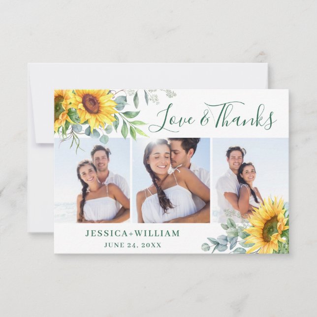 Tarjeta De Agradecimiento 3 FOTOGRAFÍAS Sunflowers Eucalyptus Rustic Boda (Anverso)