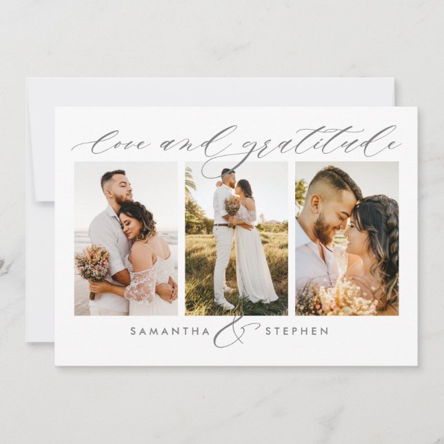 Tarjeta De Agradecimiento 3 fotos Elegante guión Amor y Gratitud Boda (Anverso)