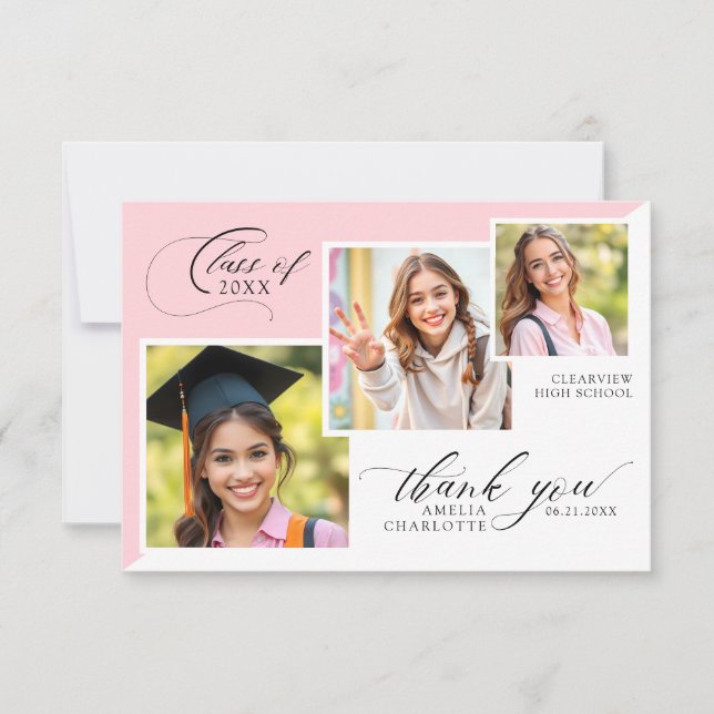 Tarjeta De Agradecimiento 3 Photo Collage Girly Graduation (Anverso)