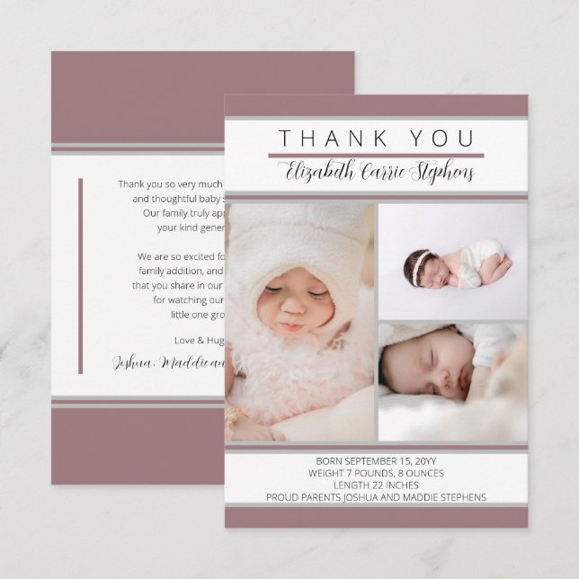 Tarjeta De Agradecimiento 3 Photo Dk Rosa Baby Shower |Anuncio de nacimiento (Anverso / Reverso)