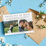 Tarjeta De Agradecimiento 3 Wedding Photos Sketched Font Thank You<br><div class="desc">Wedding thank you card you can personalize with three of your own romantic wedding photos, two on one side and one large horizontal photo on the other. Thank you so much is written in a trendy sketched font. Add your names and a personal thank you note (or delete it to...</div>