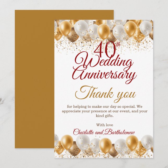 Tarjeta De Agradecimiento 40.º Fiesta Boda Aniversario (Anverso / Reverso)