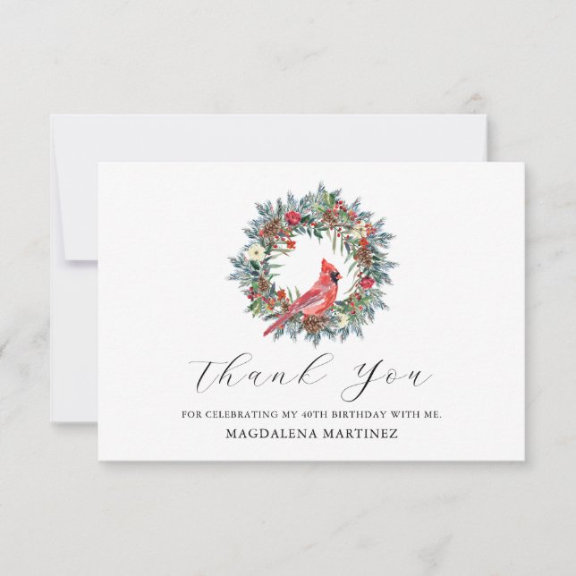 Tarjeta De Agradecimiento 40th Birthday Red Cardinal Wreath Custom Flat (Anverso)