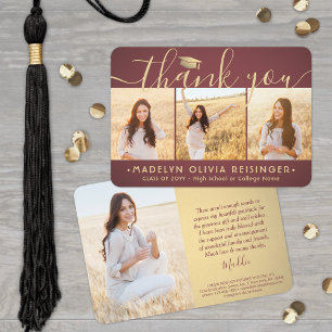Tarjeta De Agradecimiento 4 Foto Nueva dirección Borgoña Graduación de Oro R