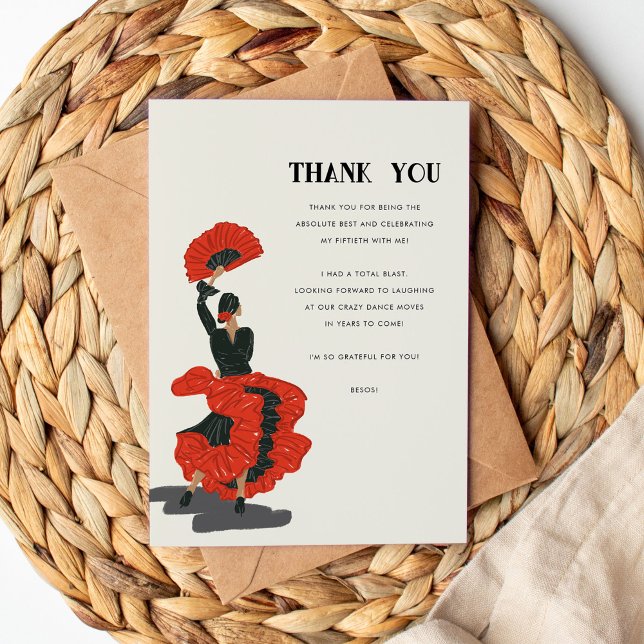 Tarjeta De Agradecimiento 50.ª fiesta de cumpleaños del bailarín de flamenco (Red and black flamenco dancer illustration Thank You flat card.)
