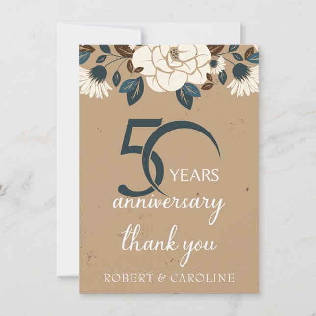 Tarjeta De Agradecimiento 50.º aniversario Boda Gracias Floral (Anverso)