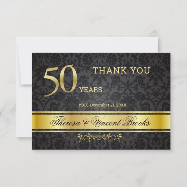 Tarjeta De Agradecimiento 50.º Aniversario del Boda Oro Negro Gracias (Anverso)