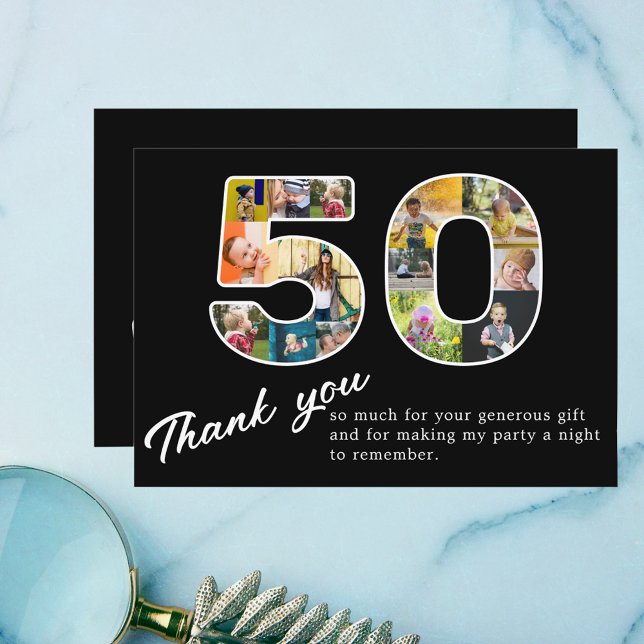 Tarjeta De Agradecimiento 50.º Collage de fotos negro (Personalized 50th birthday photo collage thank you card.)