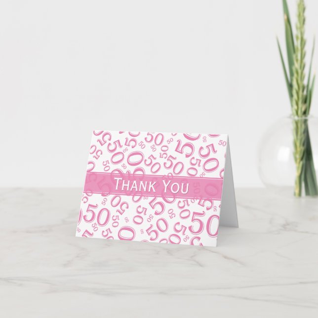 Tarjeta De Agradecimiento 50.º "¡Gracias!" Patrón de números rosa/blanco (Anverso)