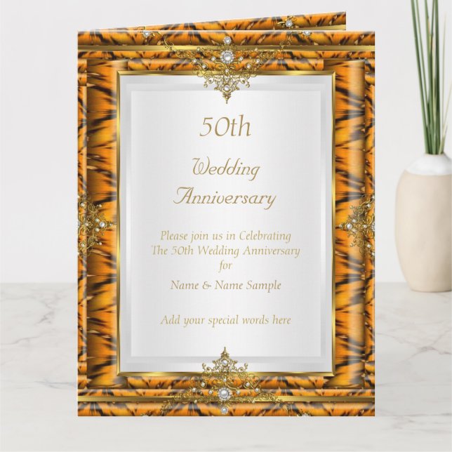Tarjeta De Agradecimiento 50 Aniversario de Boda Bamboo Oro Perla Blanca (Anverso)