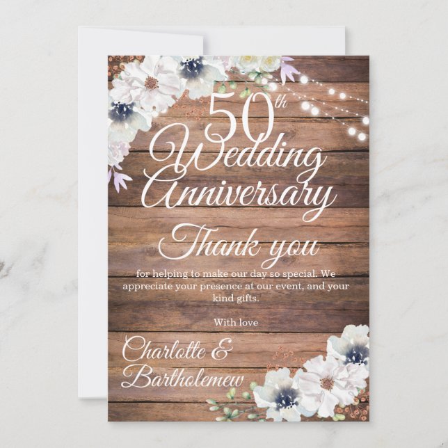Tarjeta De Agradecimiento 50 Aniversario de Boda Floral Rústico (Anverso)