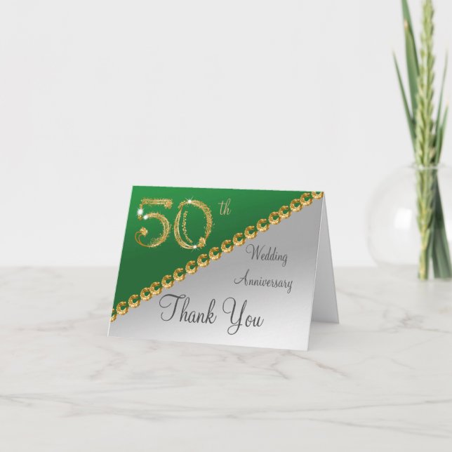 Tarjeta De Agradecimiento 50 Aniversario Plata y Oro, Green Gracias (Anverso)