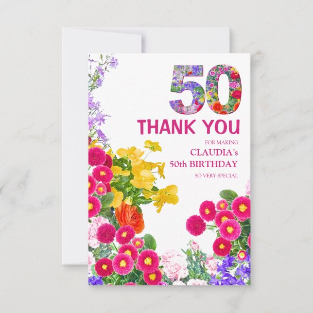 Tarjeta De Agradecimiento 50 años de elegancia de flores de jardín - 50 cump (Anverso)