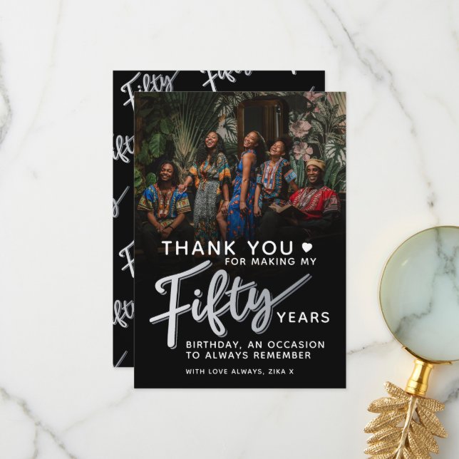 Tarjeta De Agradecimiento 50 cumpleaños plata negro cincuenta guión foto (Anverso/Reverso In Situ)
