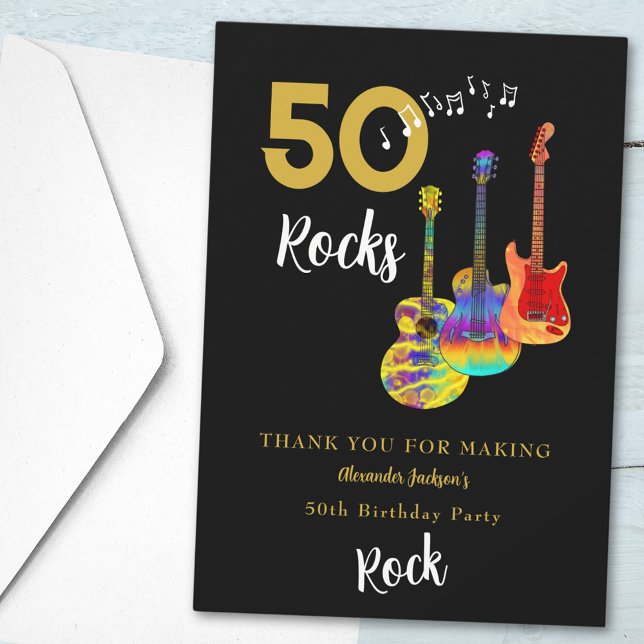 Tarjeta De Agradecimiento 50 Rocks 50 cumpleaños, gracias (Rock and roll 50th birthday party thank you 50 rocks funky guitar gold and black)