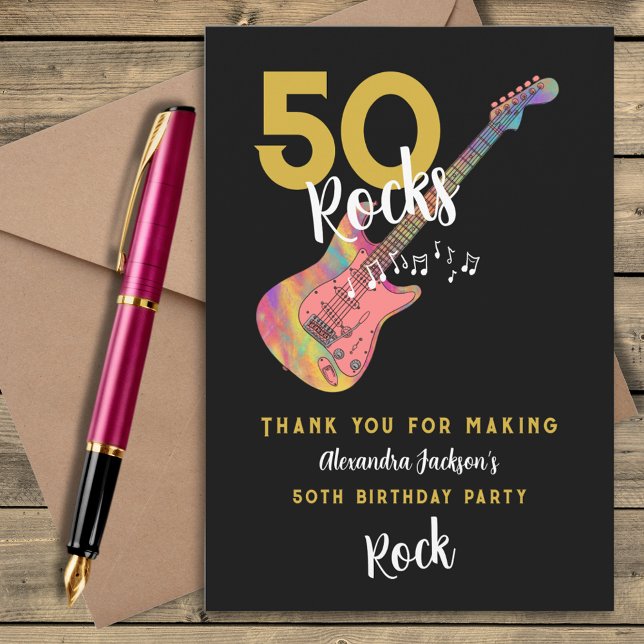 Tarjeta De Agradecimiento 50 Rocks Oro Negro Rosado 50 cumpleaños (50 Rocks cool pink guitar black and gold 50th birthday party thank you card)