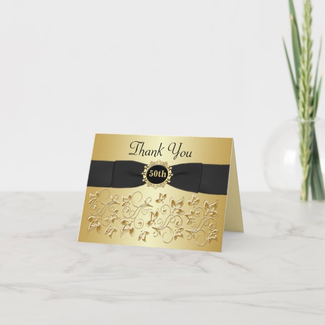 Tarjeta De Agradecimiento 50th Anniversary Black Gold Floral Thank You Card (Anverso)