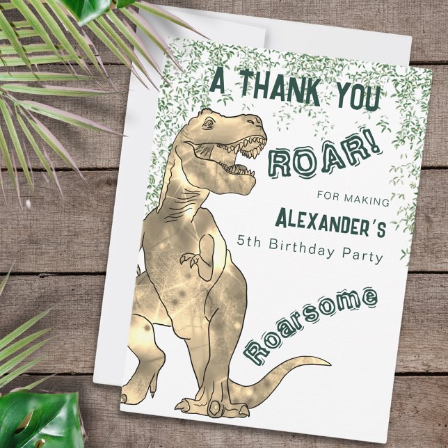 Tarjeta De Agradecimiento 5° Fiesta de Cumpleaños de Dinosaurio Gracias (Dinosaur 5th birthday party thank you for being roarsome custom card with T-Rex jungle roar)