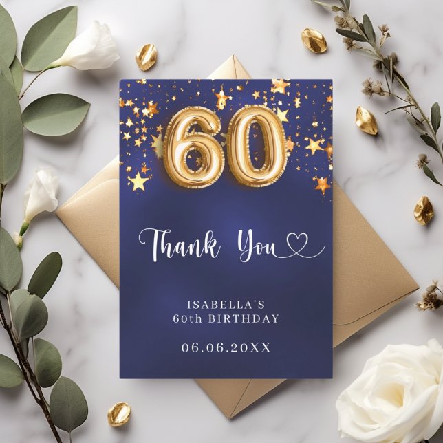 Tarjeta De Agradecimiento 60.º cumpleaños estrellas de oro azul marino (Subido por el creador)