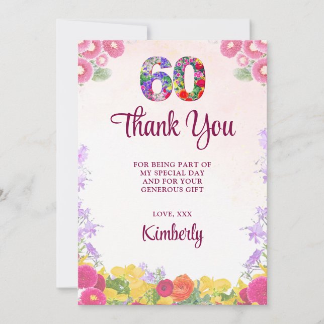 Tarjeta De Agradecimiento 60 Aniversario de la Floral - Elegante Pastel 60 a (Anverso)