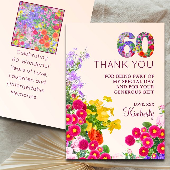 Tarjeta De Agradecimiento 60 años floral moderna fiesta de 60 años (Subido por el creador)
