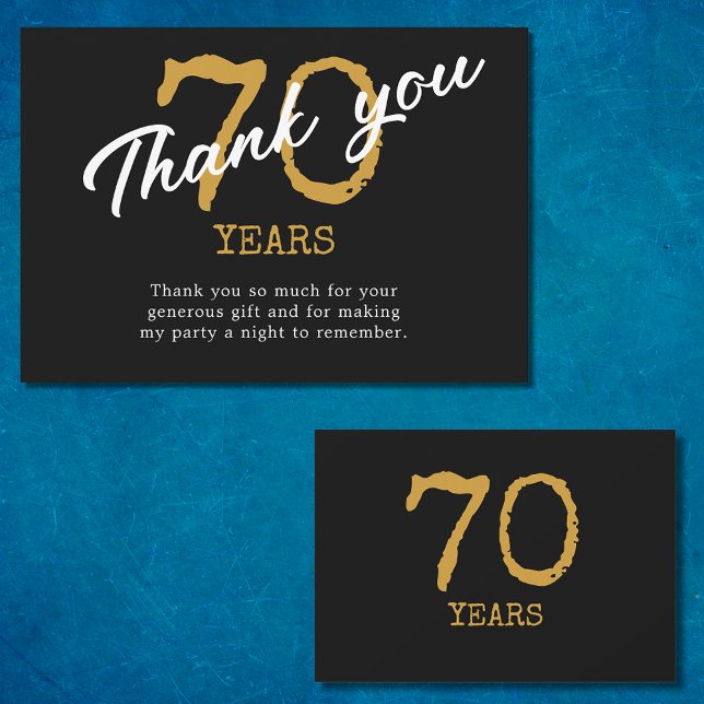 Tarjeta De Agradecimiento 70.º Cumpleaños Retro Negro Y Oro (70th Birthday Retro Black And Gold Thank You Card)