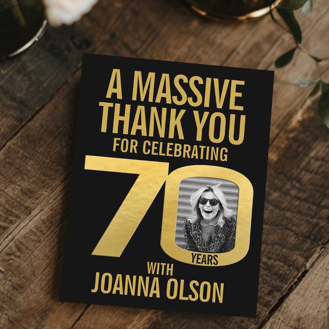 Tarjeta De Agradecimiento 70th birthday photo black and gold  (Subido por el creador)