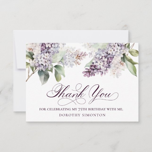 Tarjeta De Agradecimiento 75.º cumpleaños Flor Primavera Lilac Púrpura (Anverso)