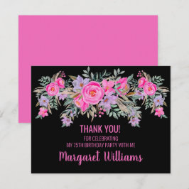 Tarjeta De Agradecimiento 75 años negro rosa floral