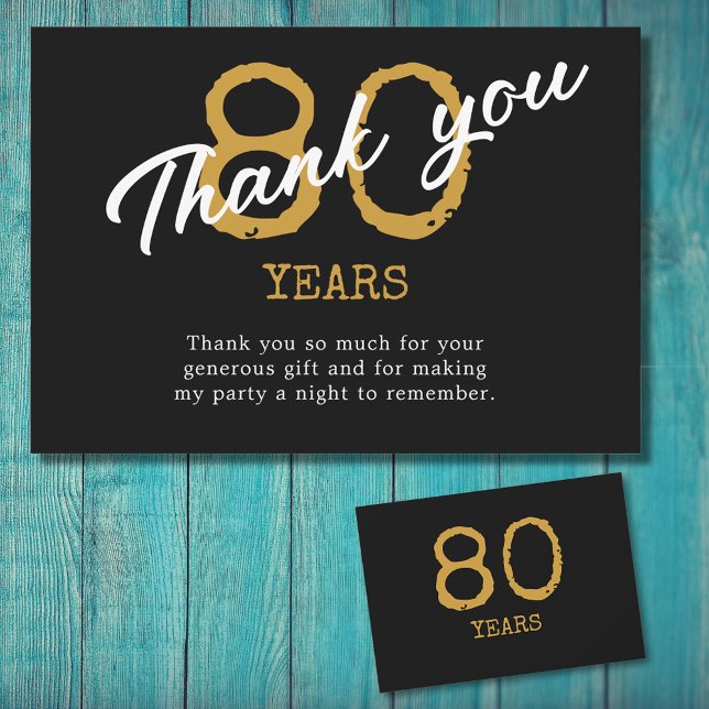 Tarjeta De Agradecimiento 80.º Cumpleaños Retro Negro Y Oro (After that milestone 80th birthday party it's time to say thank you.)
