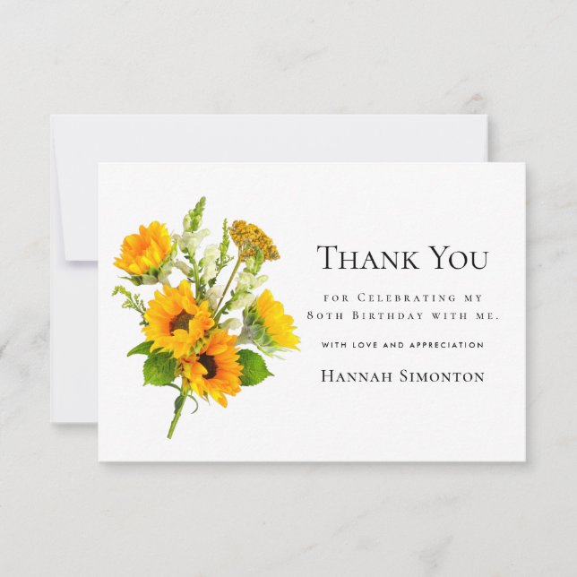 Tarjeta De Agradecimiento 80.º cumpleaños Sunflower Bouquet personalizado (Anverso)