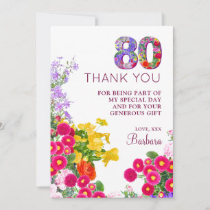 Tarjeta De Agradecimiento 80 años floral moderna fiesta de 80 años