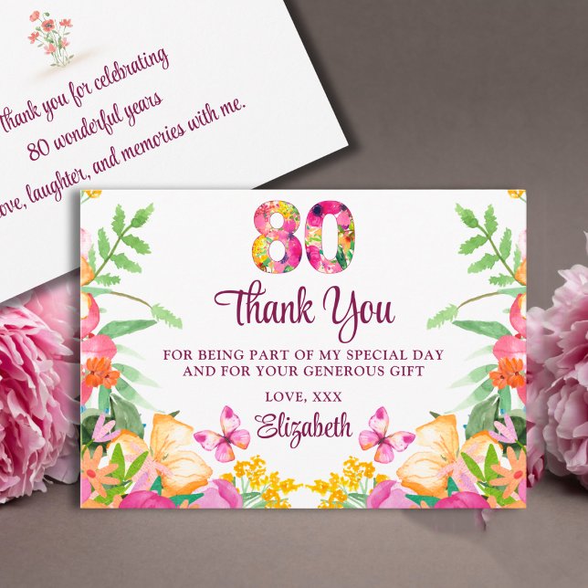Tarjeta De Agradecimiento 80 Years Floral Flowers - Butterfly 80th Birthday (Subido por el creador)