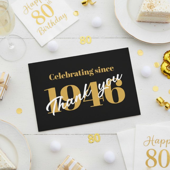 Tarjeta De Agradecimiento 80th Birthday 1946 Retro Black And Gold (1946 than you card. White background.)