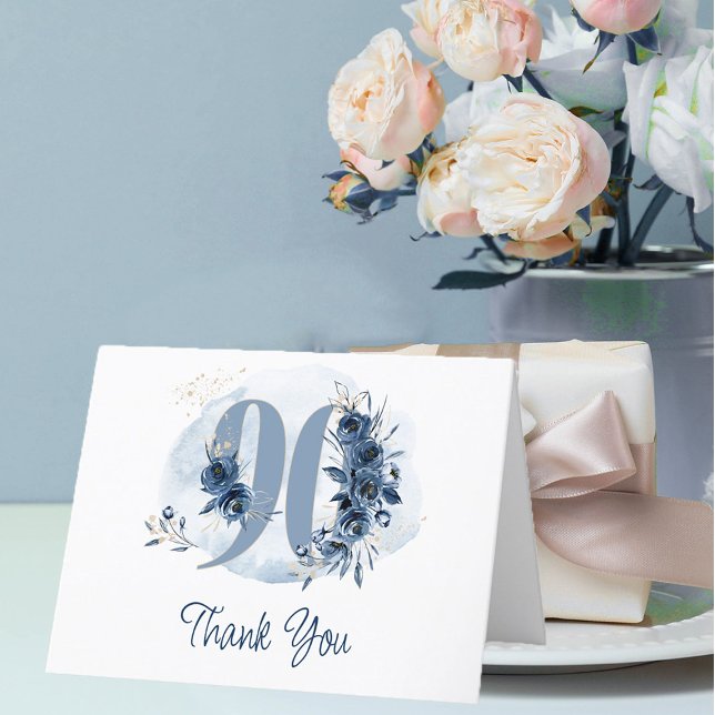Tarjeta De Agradecimiento 90.º Nacimiento Floral Número Costero Azul (90th Birthday Thank You card from my Floral Number Birthday Party Collection)