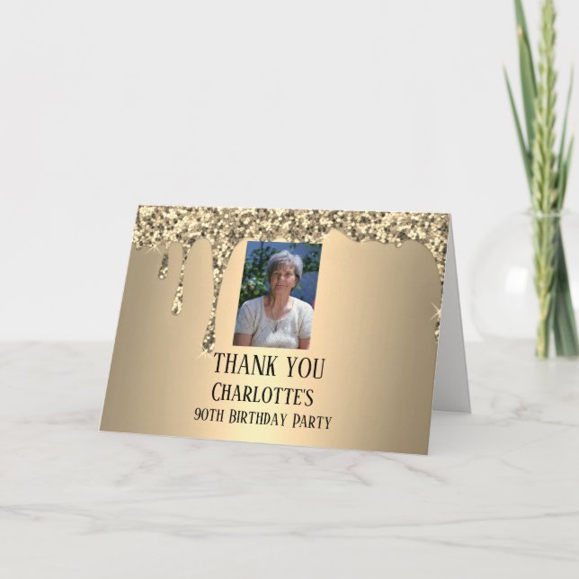 Tarjeta De Agradecimiento 90 cumpleaños elegante fiesta de oro (Anverso)