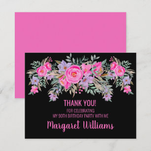 Tarjeta De Agradecimiento 90 cumpleaños floral rosa negro