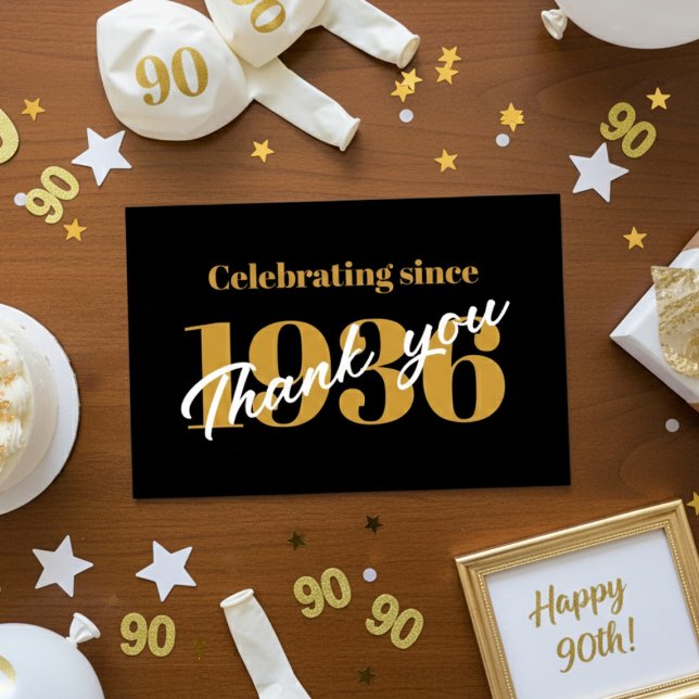 Tarjeta De Agradecimiento 90th Birthday 1936 Retro Black And Gold (1936 Thank you card on a table.)