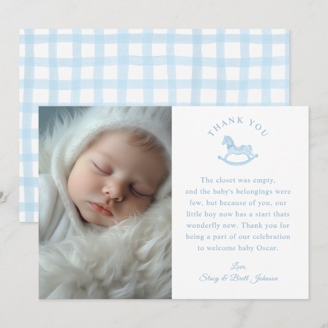 Tarjeta de agradecimiento a Blue Gingham Boy Baby  (Anverso / Reverso)