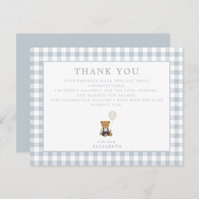 Tarjeta de agradecimiento a Blue Gingham Teddy Bea (Anverso / Reverso)