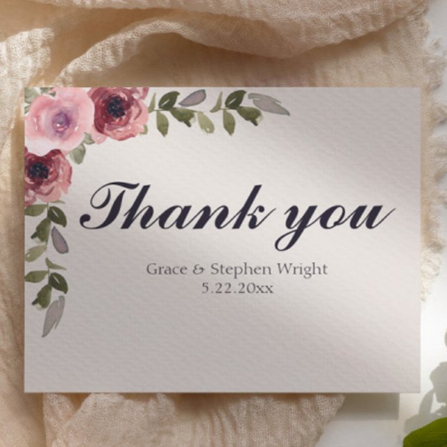 Tarjeta de agradecimiento a Boda de flores rosadas (watercolor floral pink rose thank you wedding card)