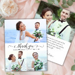 Tarjeta de agradecimiento a Boda de foto de script<br><div class="desc">Boda de Collage de fotos Budget Modern Elegant Script 3 Gracias tarjeta delgada asequible de bajo presupuesto. Elegante plantilla de agradecimiento boda con 3 fotos en la parte delantera con el texto "Gracias" en una caligrafía con letras a mano o tipografía guión de tipo de letra cruz cruda en blanco...</div>